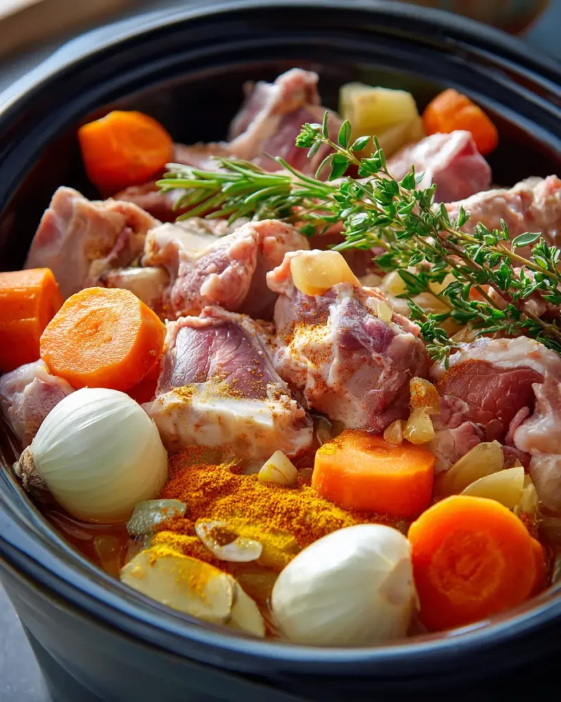 chicken bones fresh ginger and turmeric inside a slow cooker for bone broth turmeric ginger