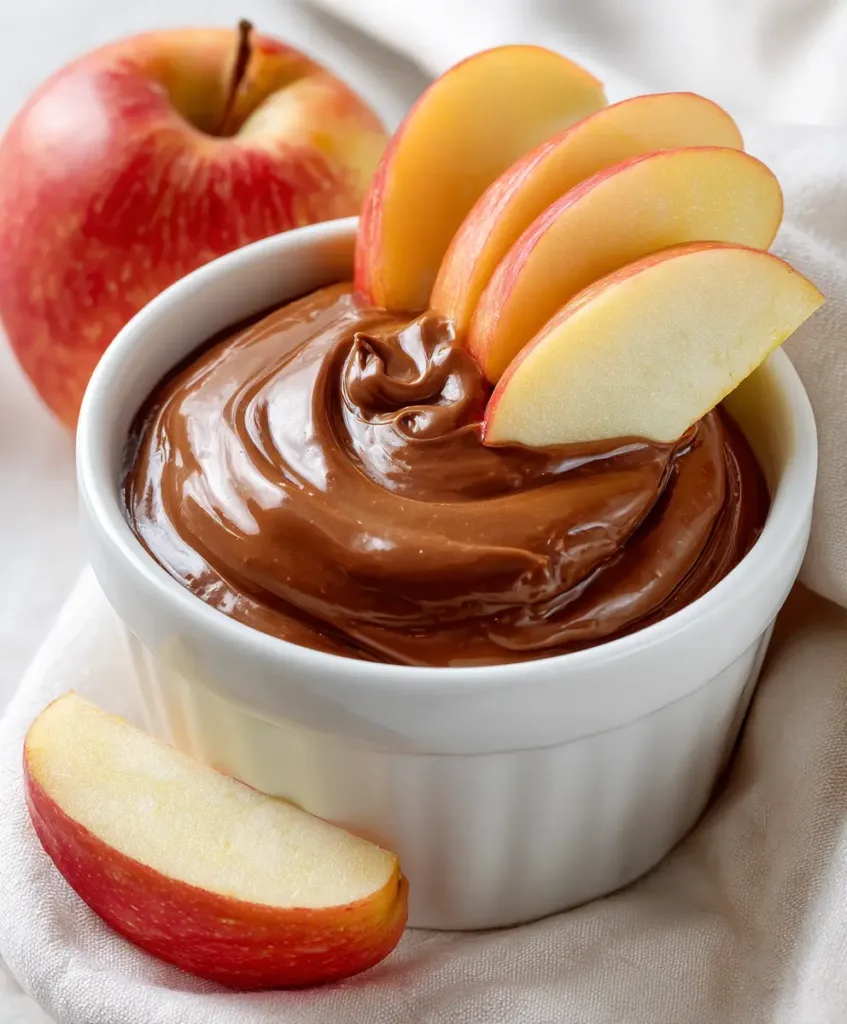 Creamy creatine chocolate peanut butter dip in white bowl with apple slices for dipping