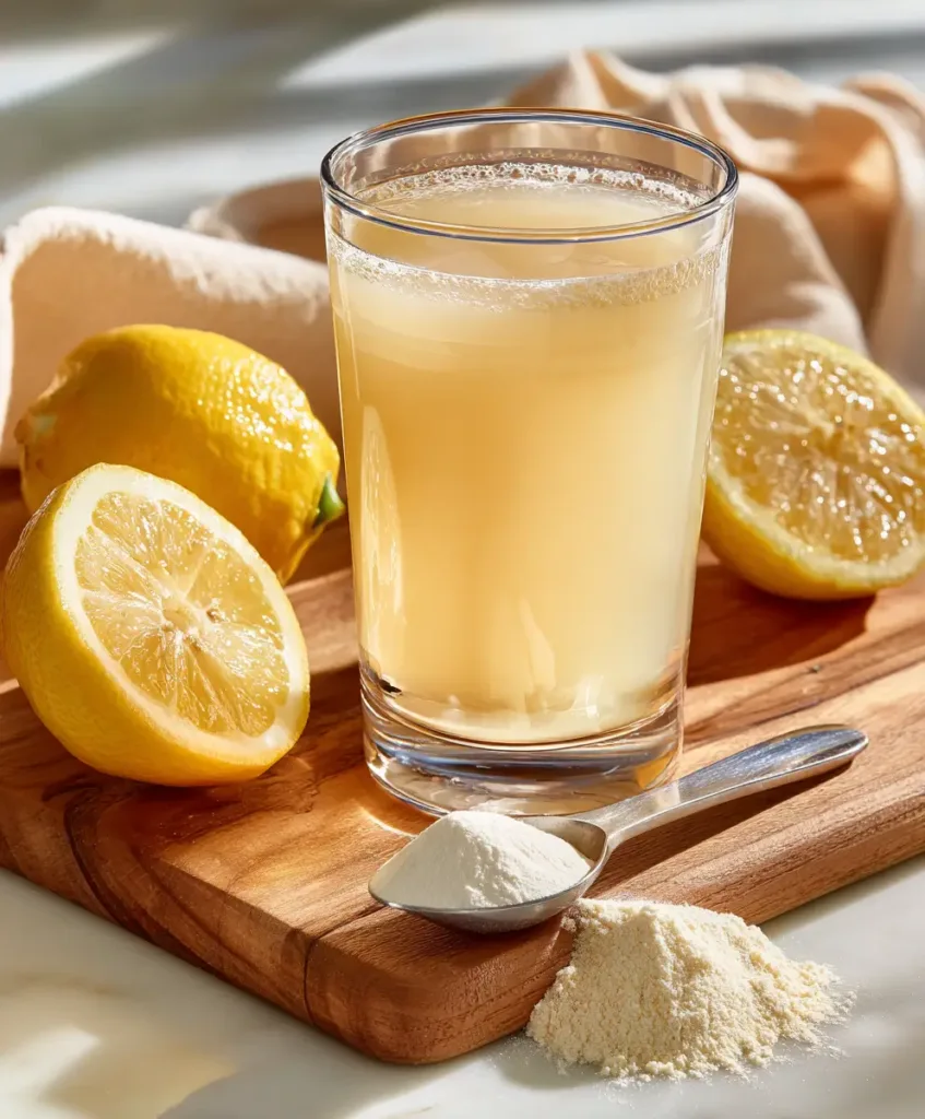 Single glass of creatine lemonade with fresh lemon on clean white kitchen counter