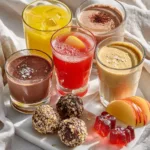 Five Creatine Drink Recipes laid out on a white kitchen counter, including creatine lemonade, gummies, and chocolate peanut butter dip.