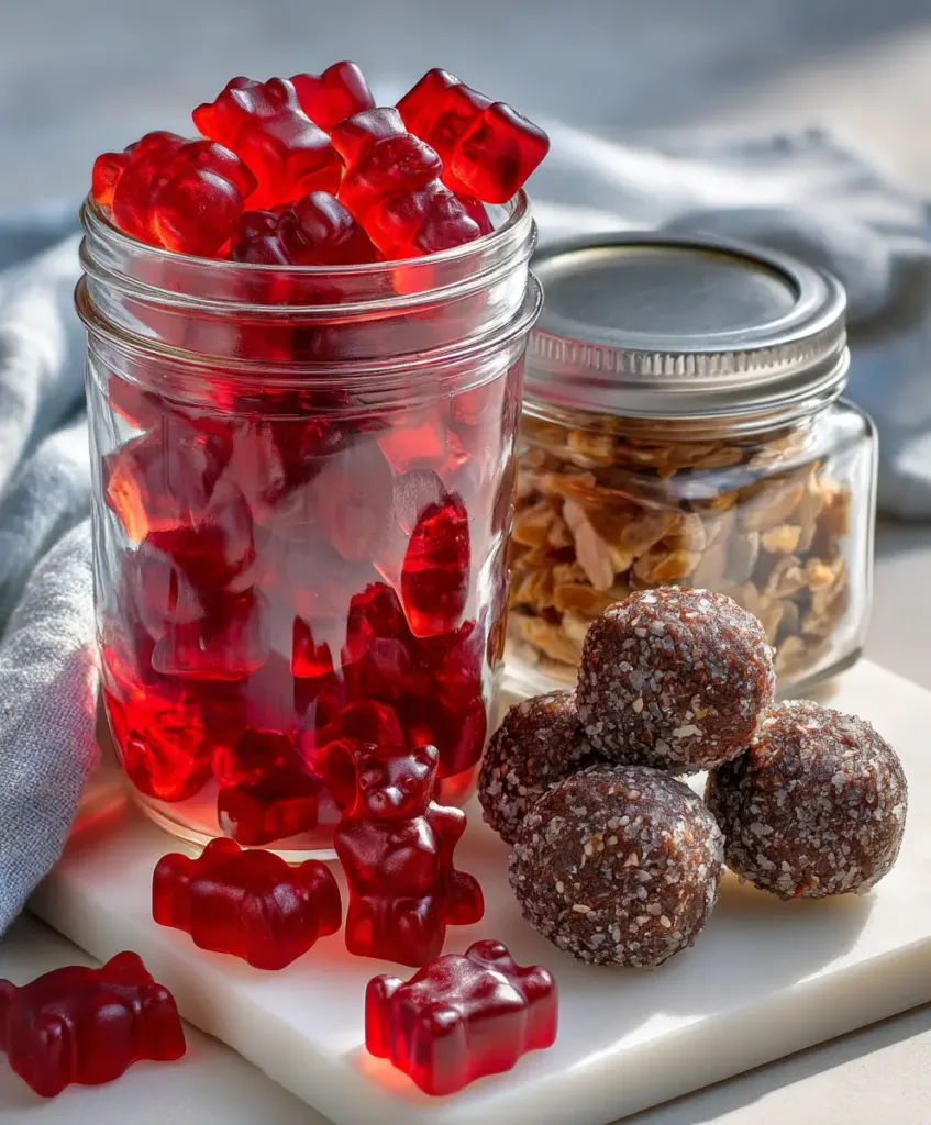 Creatine gummies in glass jar and energy balls in container showing weekly batch prep
