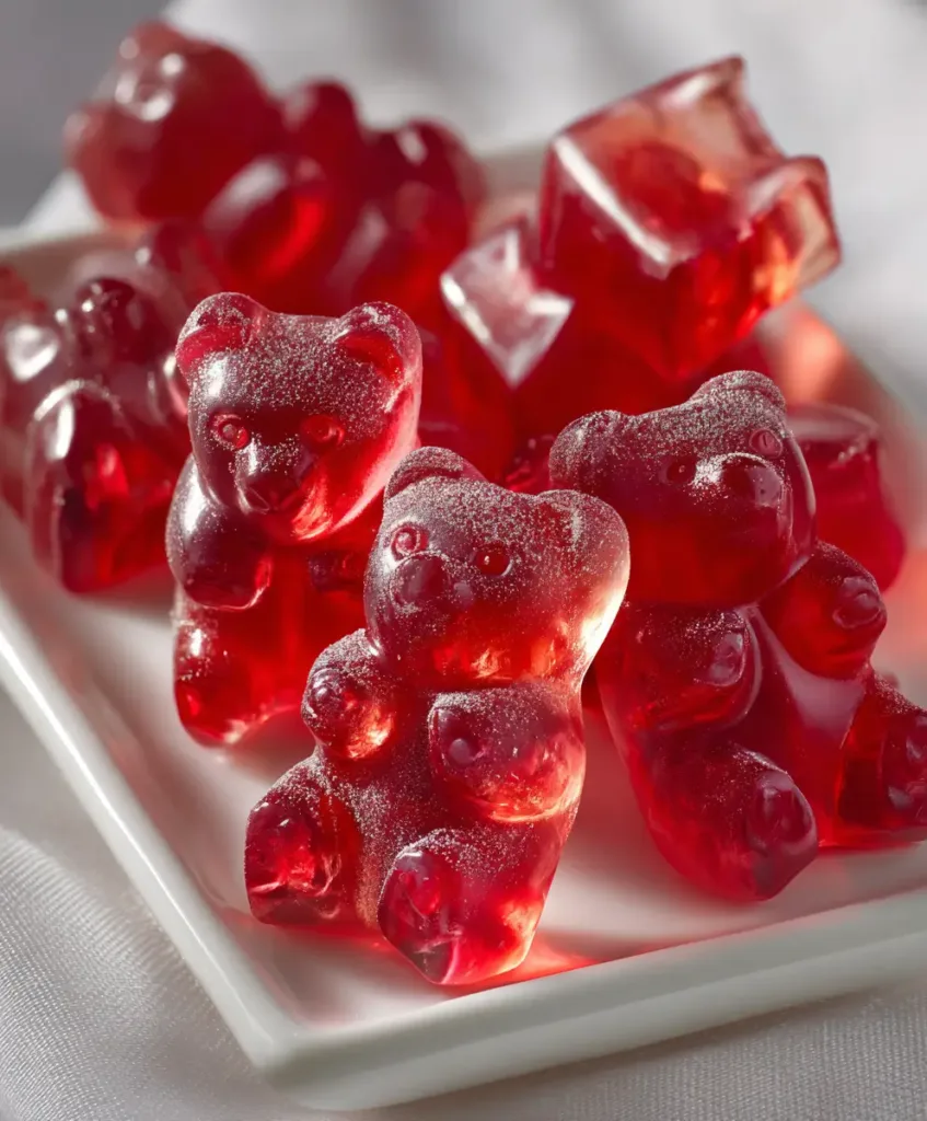 Red sour watermelon creatine gummy bears fresh from silicone mold on white plate