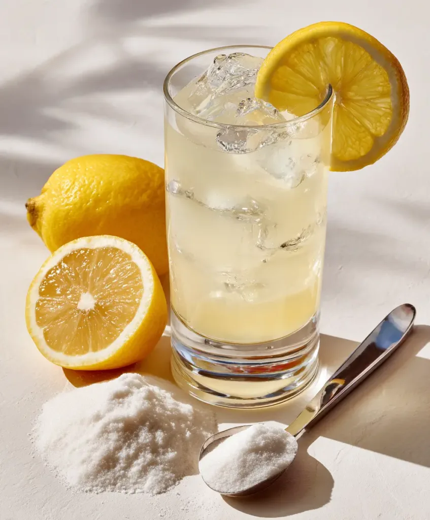 Creatine lemonade in a tall clear glass with fresh lemon slices and ice cubes