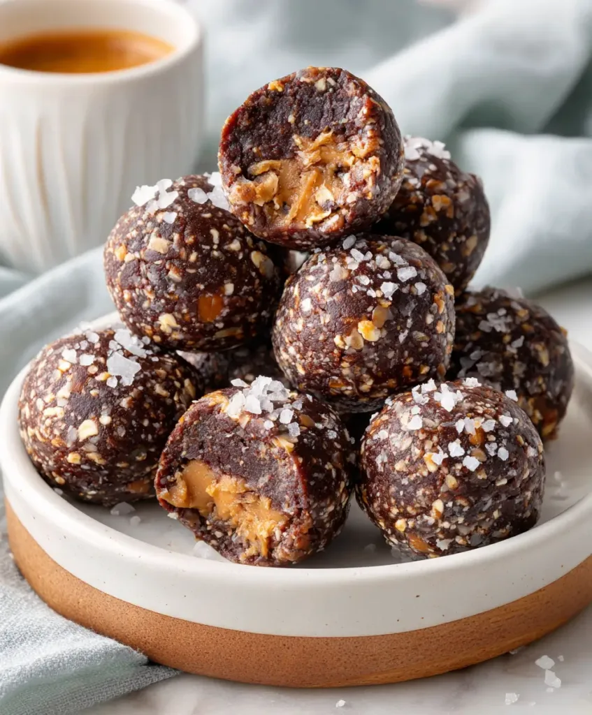 Dark chocolate peanut butter creatine energy balls with flaky sea salt on a white plate