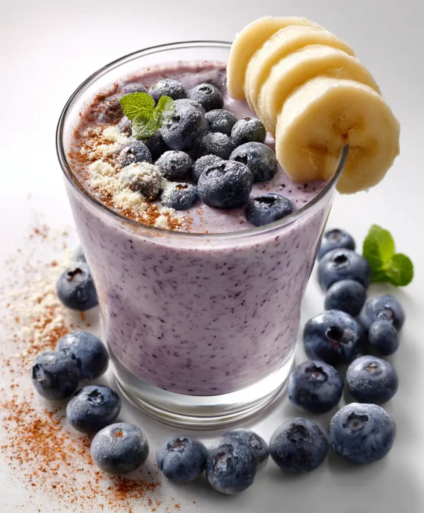 Creamy purple creatine smoothie in a clear glass with banana and blueberry visible
