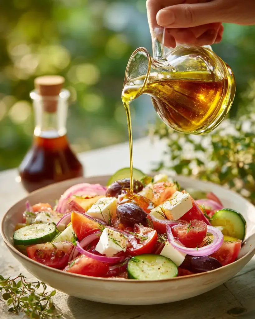 Olive oil and vinegar dressing poured over a greek salad recipe