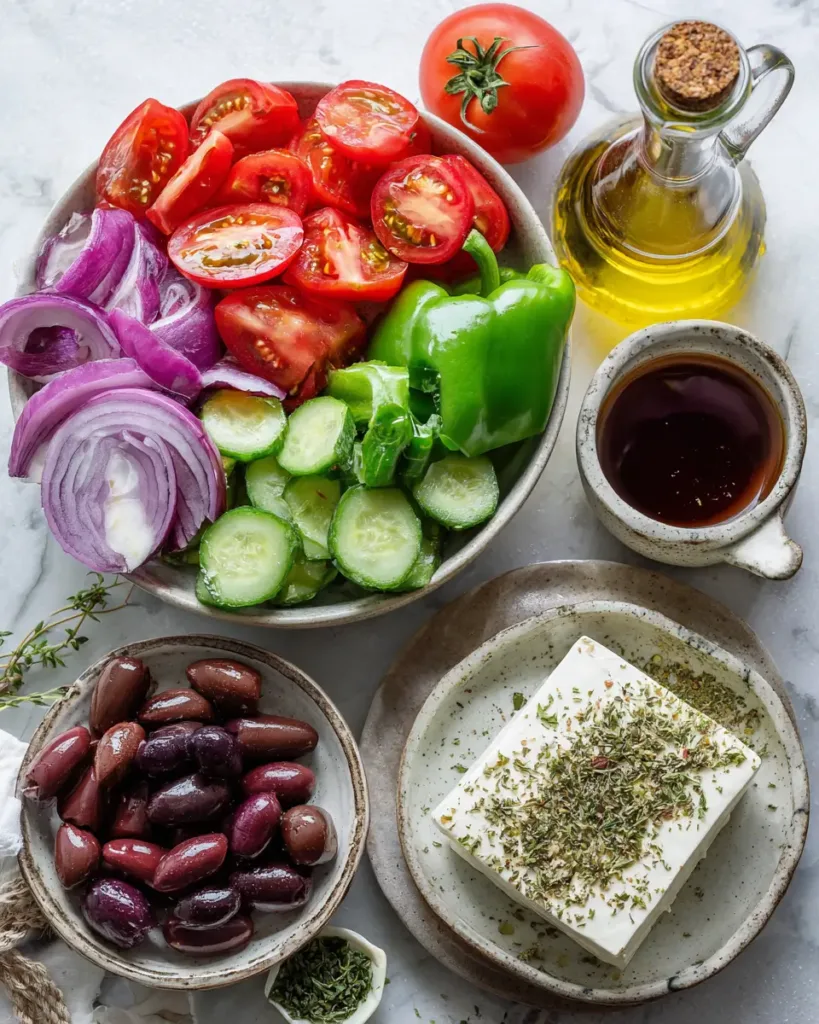 Fresh ingredients for a greek salad recipe arranged on a board