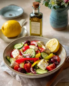 Greek salad recipe in a bowl with olive oil emphasizing heart healthy ingredients