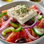 Close up greek salad recipe horiatiki style with feta on top