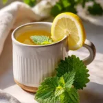 A close-up ceramic mug of lemon balm tea for weight loss with a lemon slice and fresh green leaves on the rim