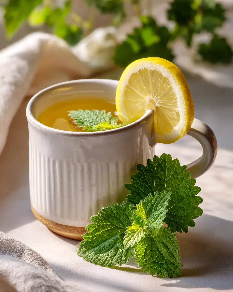 Lemon Balm for Weight Loss: Does This Herb Really Work? 3 A close-up ceramic mug of lemon balm tea for weight loss with a lemon slice and fresh green leaves on the rim