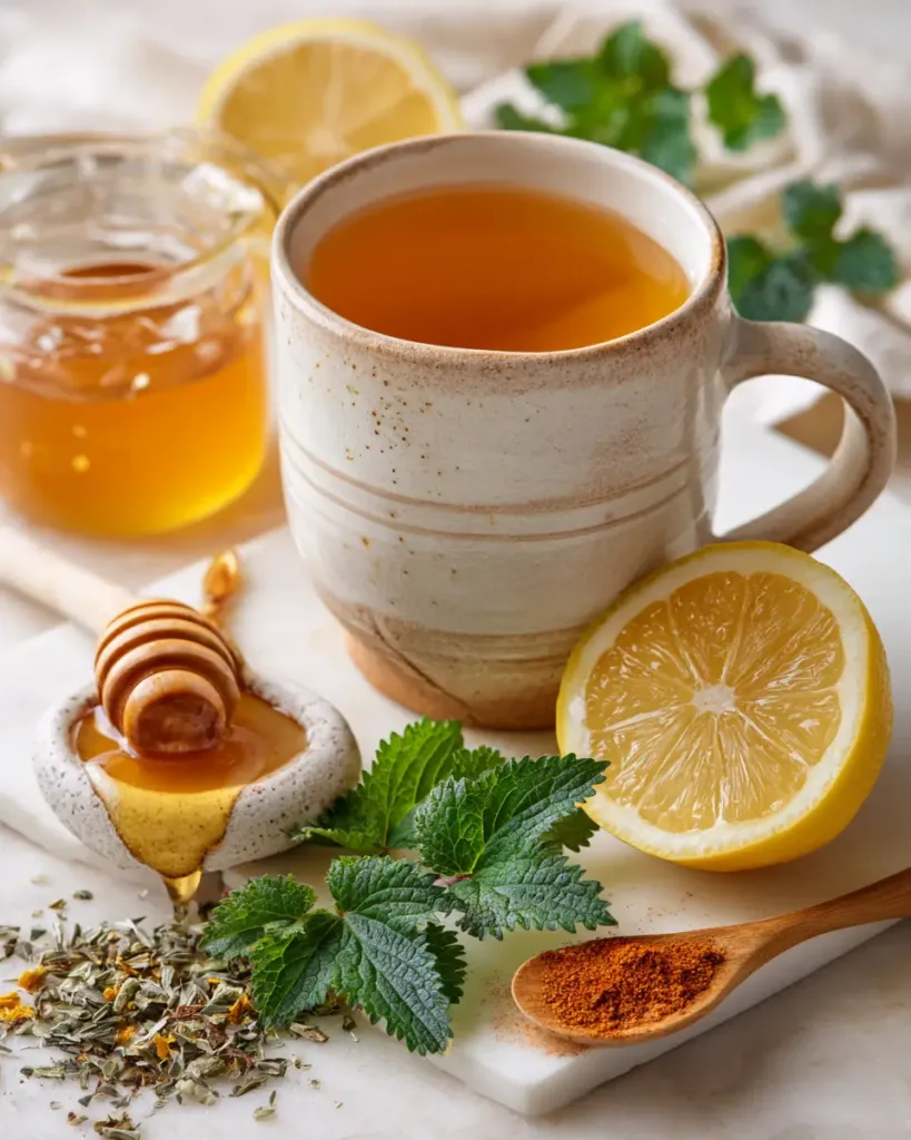 Lemon Balm for Weight Loss: Does This Herb Really Work? 4 Fresh lemon balm leaves beside a glass mug of pale herbal tea showing lemon balm weight loss benefits