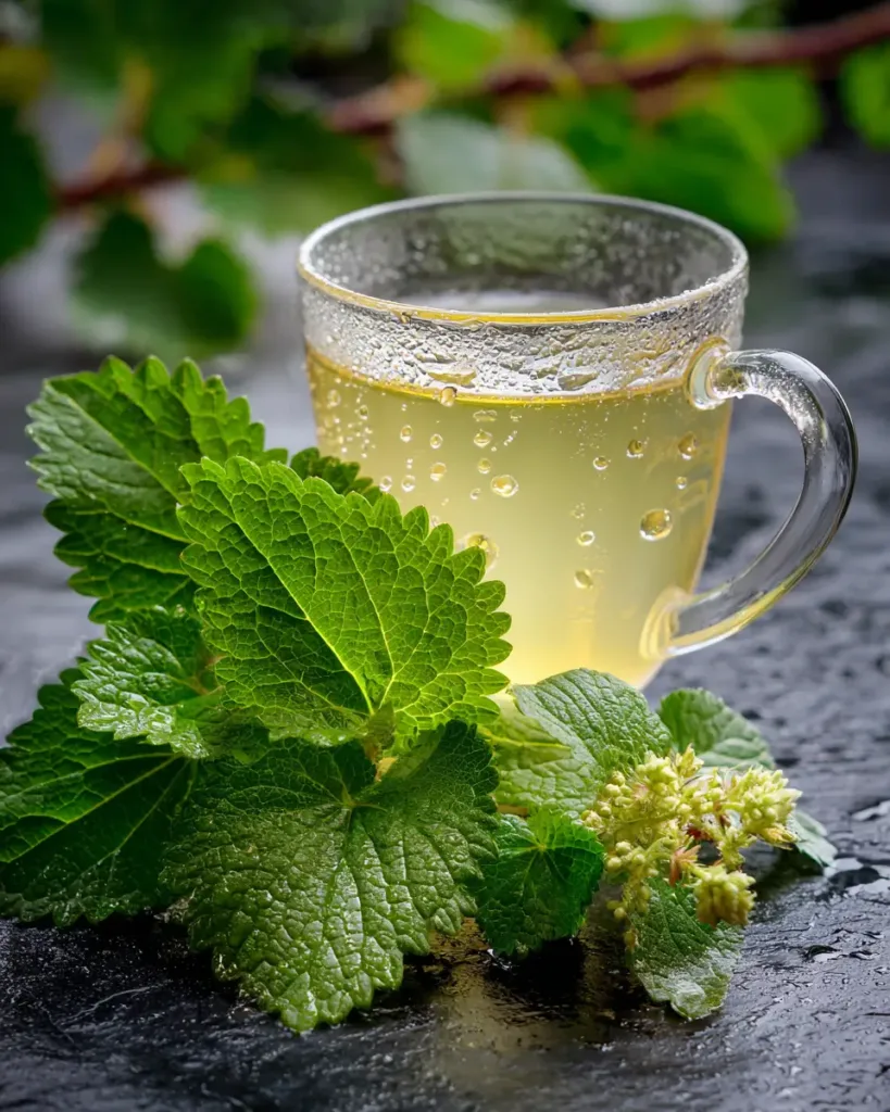 Lemon Balm for Weight Loss: Does This Herb Really Work? 5 Fresh lemon balm leaves beside a glass mug of lemon balm tea for weight loss on a dark slate surface