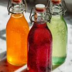 Three different flavors of homemade fermented probiotic soda in glass swing-top bottles side by side ,How To Make Probiotic Soda