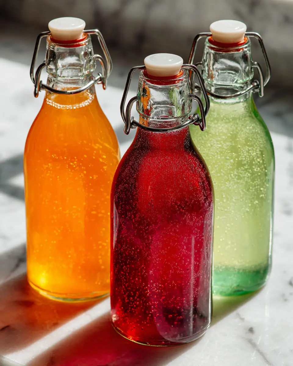How to Make Probiotic Soda: 5 Easy Steps to a Healthy Drink 3 Three different flavors of homemade fermented probiotic soda in glass swing-top bottles side by side ,How To Make Probiotic Soda