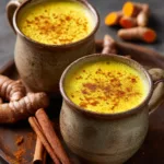 A close-up mug of creamy turmeric golden milk recipe topped with cinnamon and a swirl of coconut milk on a warm amber background