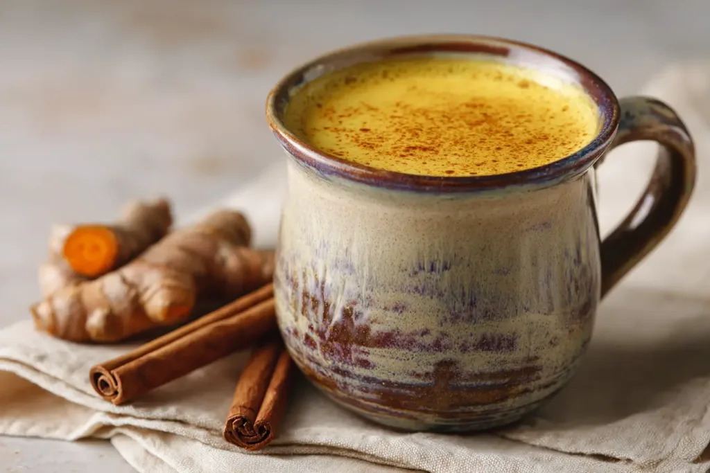  A warm mug of turmeric golden milk recipe placed on a cozy surface next to a cinnamon stick and fresh turmeric roots