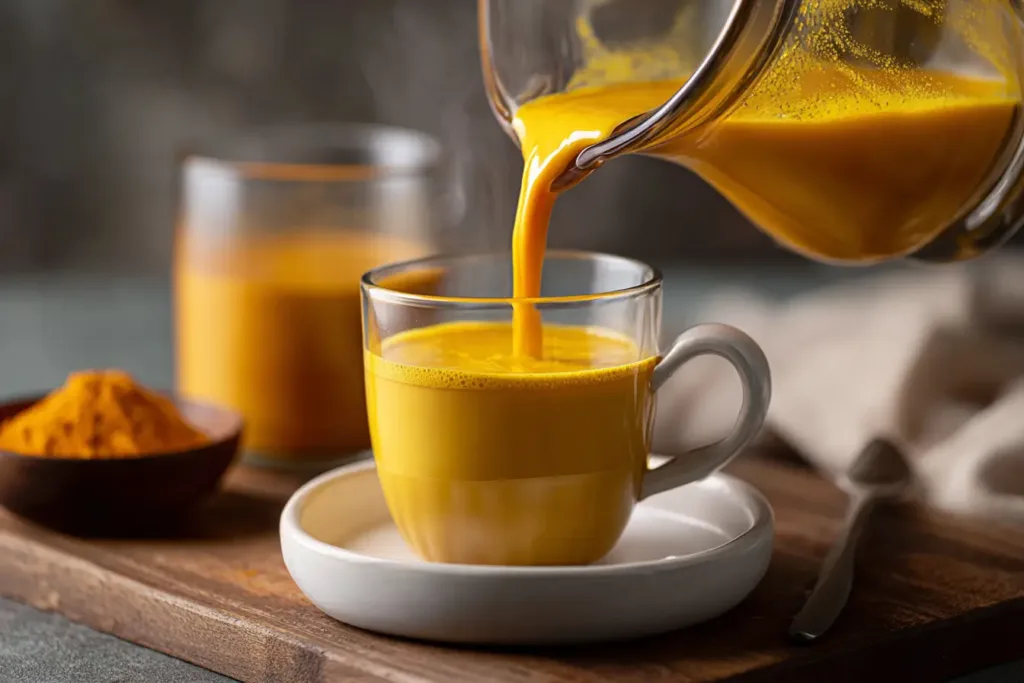 Golden turmeric milk recipe being poured from a small glass pitcher into a ceramic mug for a homemade golden milk latte recipe