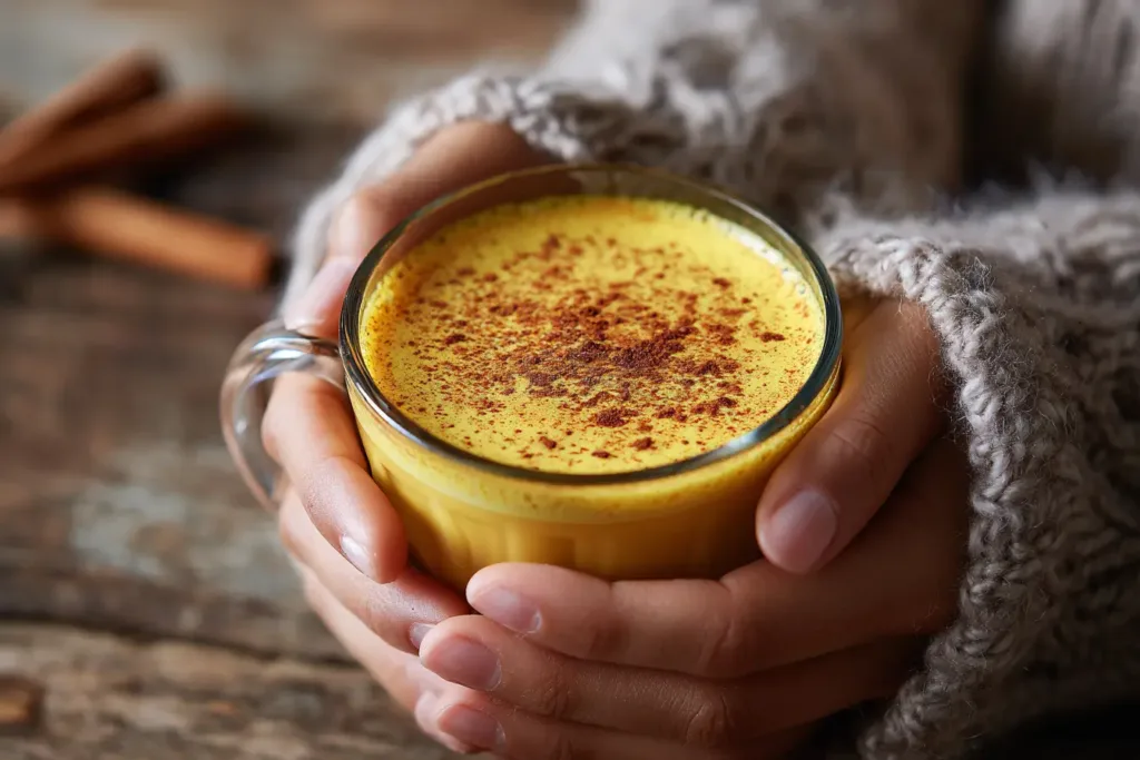 A hand wrapping around a warm ceramic mug of creamy turmeric golden milk recipe with cinnamon garnish