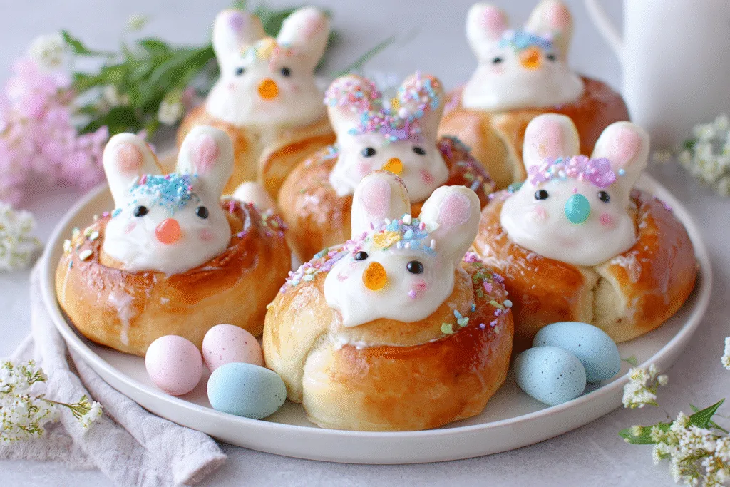 Plate of five decorated Easter bunny cinnamon rolls with icing sprinkles and jelly beans on a white table with pastel Easter props ,Easter Bunny Cinnamon Rolls