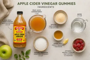 Ingredients for apple cider vinegar gummies, including raw ACV, juice, gelatin, water, sweetener, lemon juice, and berries. apple cider vinegar gummies recipe for weight loss