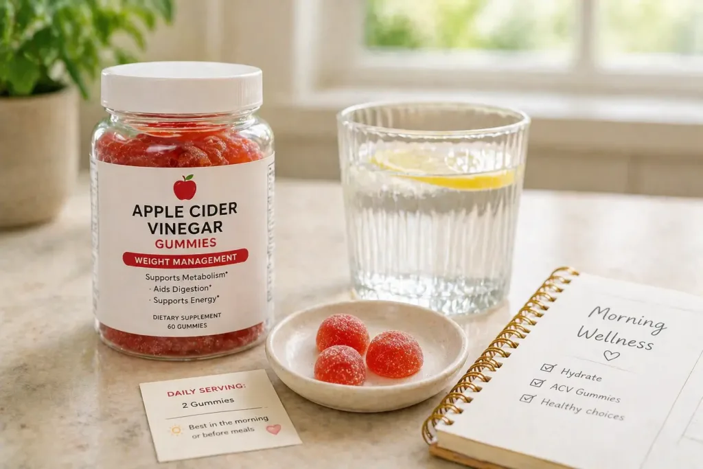 Jar of apple cider vinegar gummies with three gummies on a plate, lemon water, and a morning wellness checklist notebook. apple cider vinegar gummies recipe  for weight loss