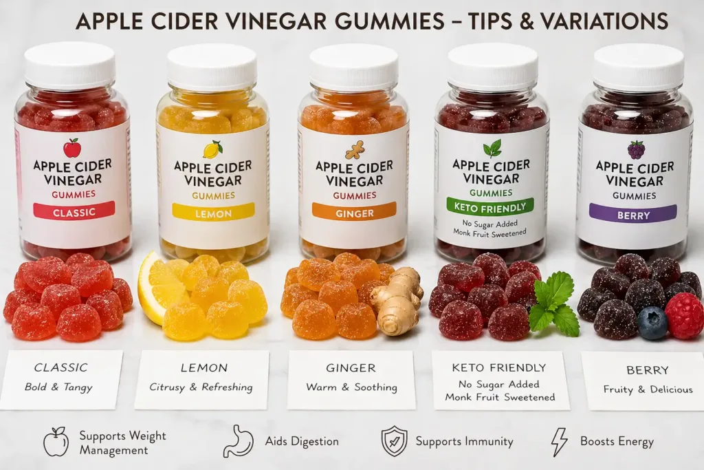 Five bottles of apple cider vinegar gummies with classic, lemon, ginger, keto, and berry flavors arranged in a row. apple cider vinegar gummies recipe for weight loss
