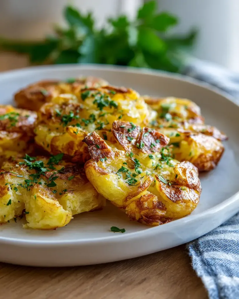 Crispy smashed potatoes on a white plate with parsley garnish in soft natural kitchen light