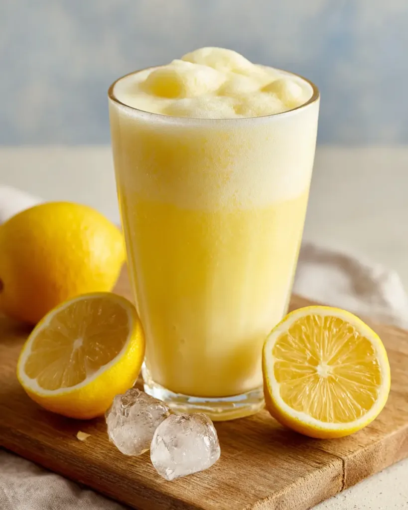Brazilian lemonade with yellow lemons recipe in a tall glass, pale yellow creamy drink with ice