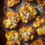 Crispy smashed potatoes with golden parmesan crust and crunchy edges on a baking tray , smashed potatoes recipe