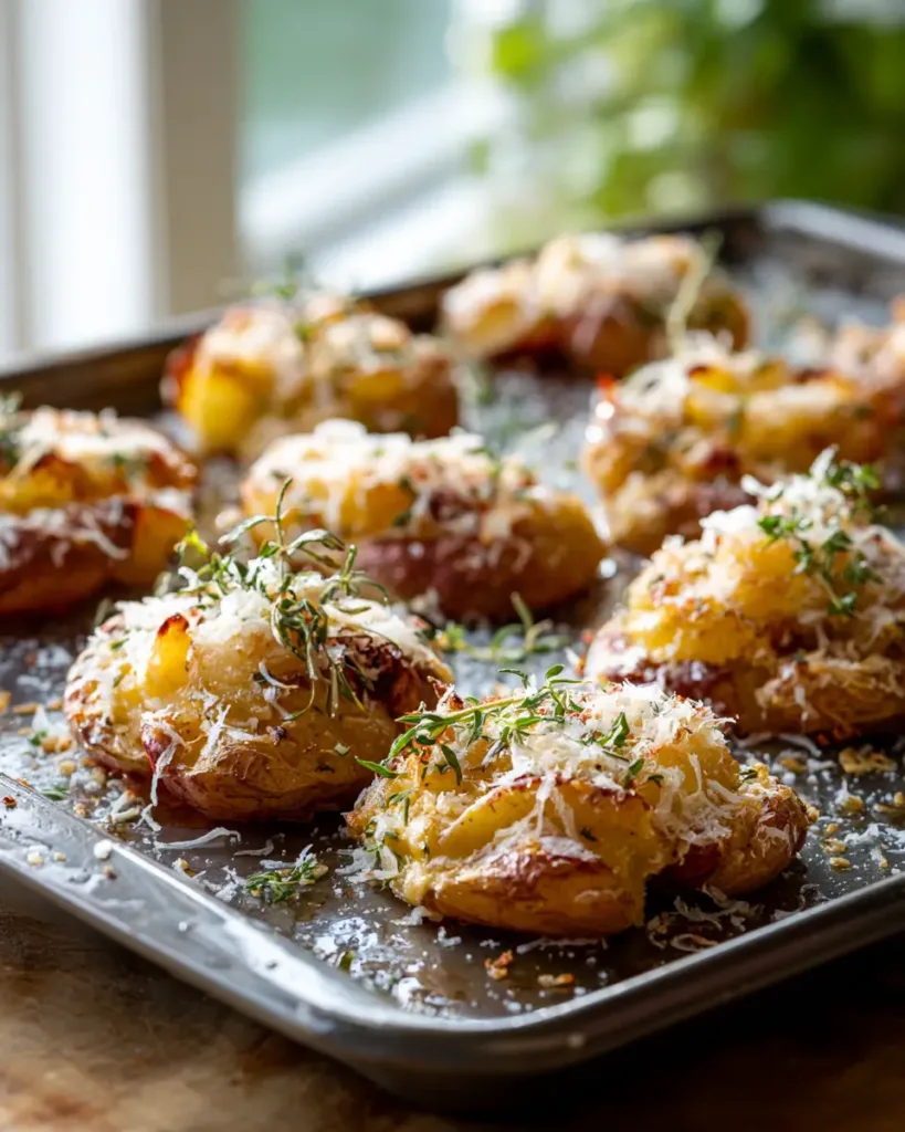 Crispy smashed potatoes with melted parmesan crust and golden cheese edges on a baking tray