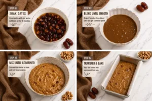Step-by-step collage showing soaking dates, blending, mixing batter, and transferring to a loaf pan for date walnut cake