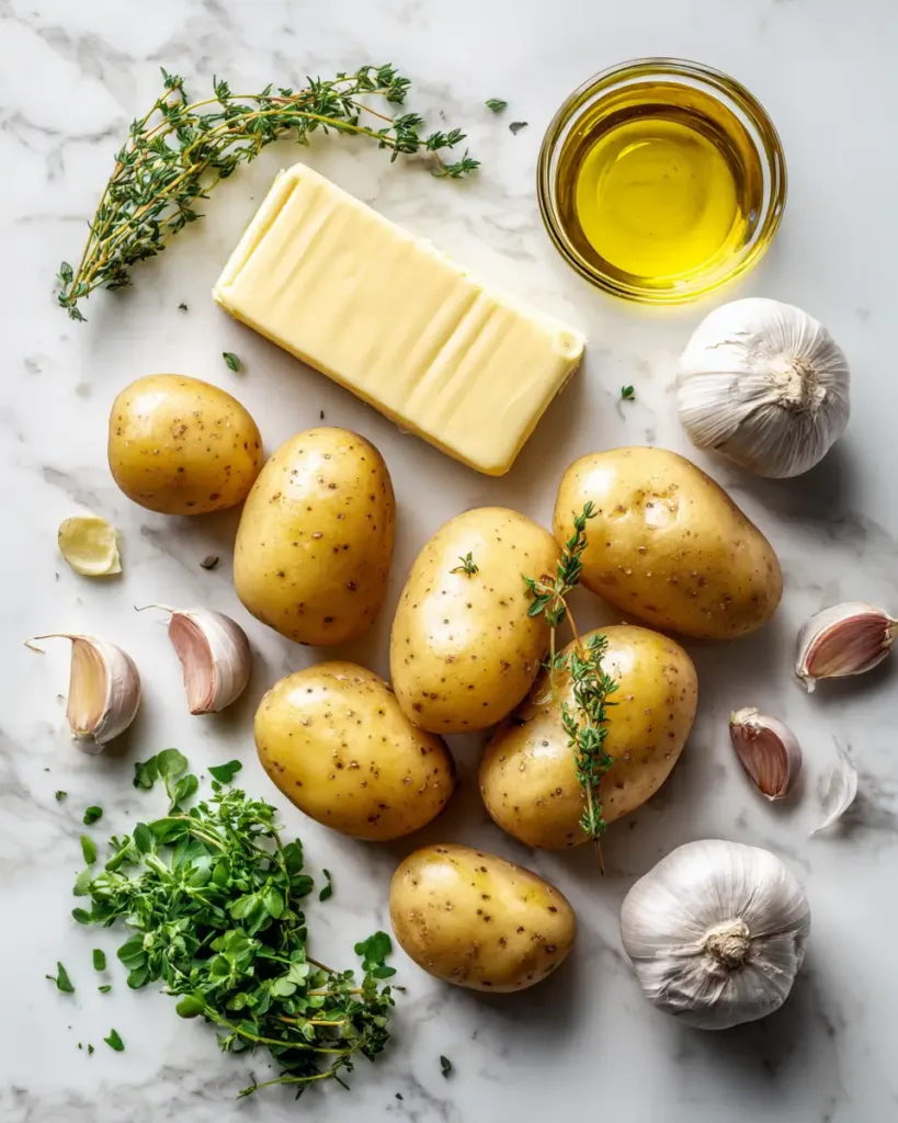 Flat lay of baby potatoes, garlic cloves, butter, olive oil, and fresh herbs on a white marble background ,smashed potatoes recipe