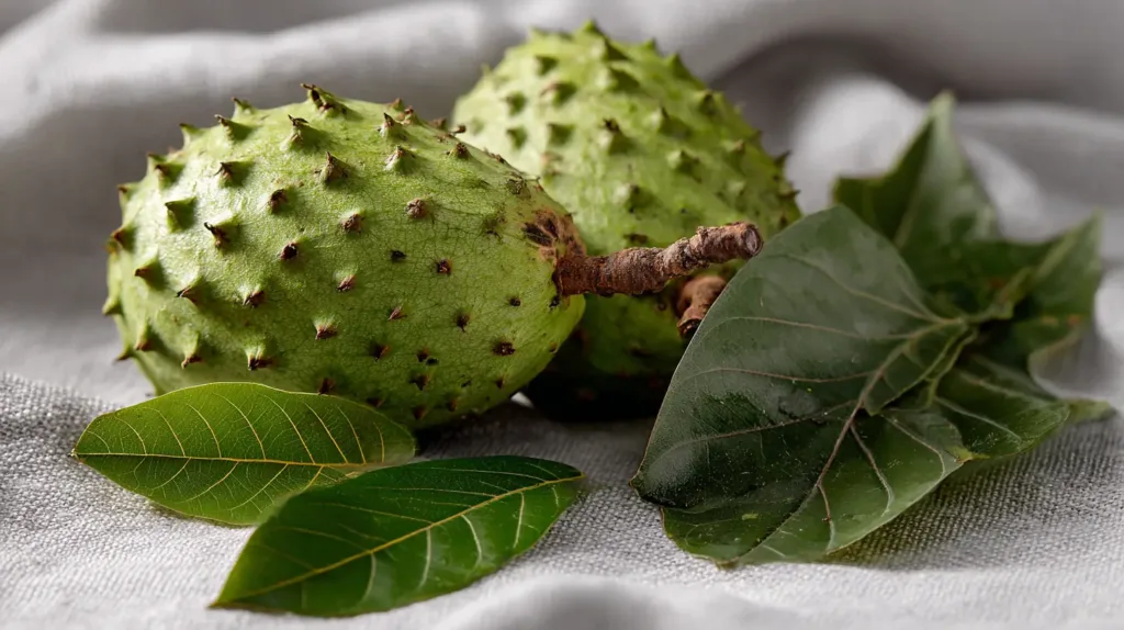 Fresh soursop fruit and dry soursop leaves arranged together on a light grey linen cloth ,Soursop Leaf Tea 