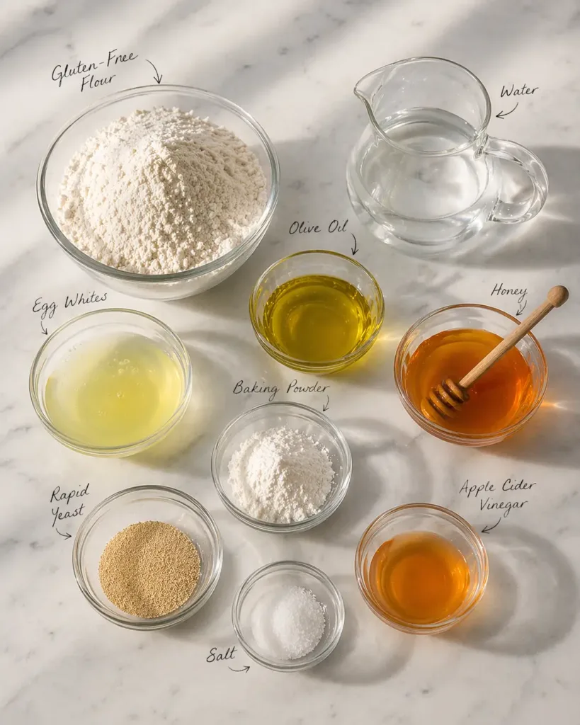 Simple and Easy Gluten Free Bread Recipe for Beginners 6 Measured ingredients for gluten free bread recipe including flour, yeast, egg whites, oil, and honey ,Gluten Free Bread Recipe