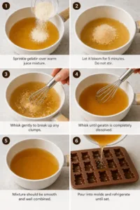 Six-step photo collage showing gelatin sprinkled, bloomed, whisked, and poured into gummy molds for apple cider vinegar gummies. apple cider vinegar gummies recipe for weight loss