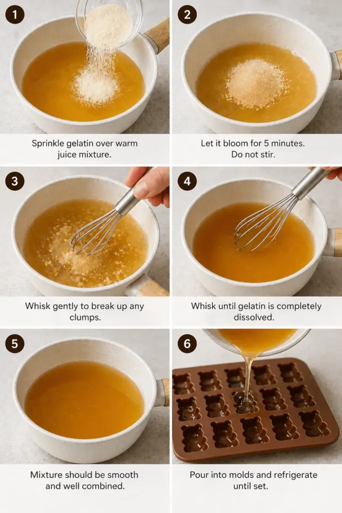 Six-step photo collage showing gelatin sprinkled, bloomed, whisked, and poured into gummy molds for apple cider vinegar gummies. apple cider vinegar gummies recipe for weight loss