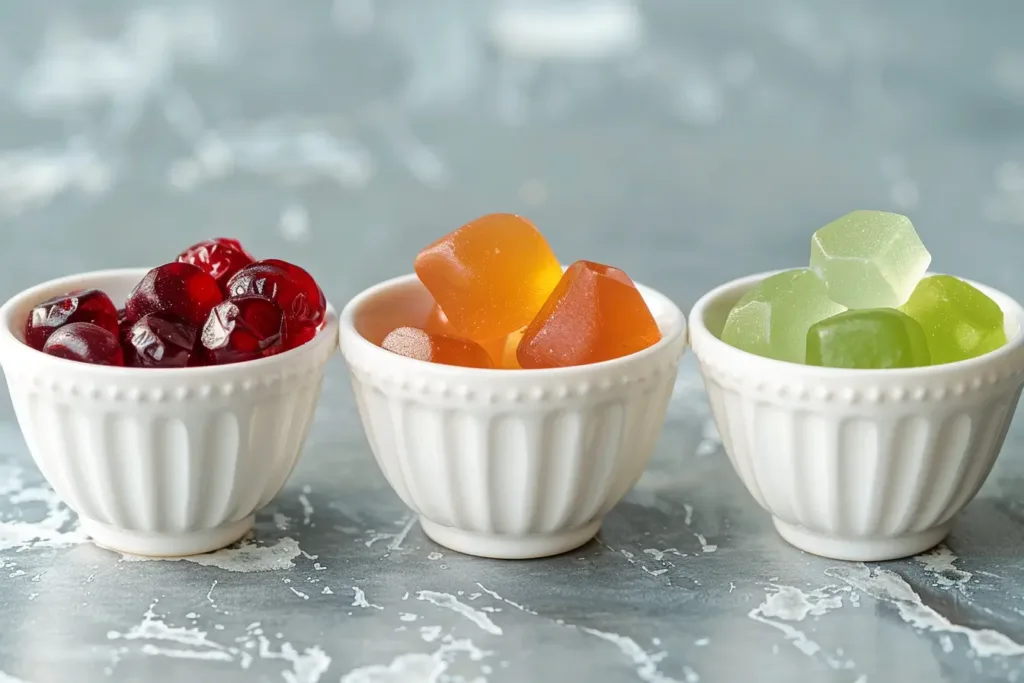 Three different colored jillian michaels gelatin gummies variations arranged side by side: cranberry red, orange citrus, pale green herbal tea
