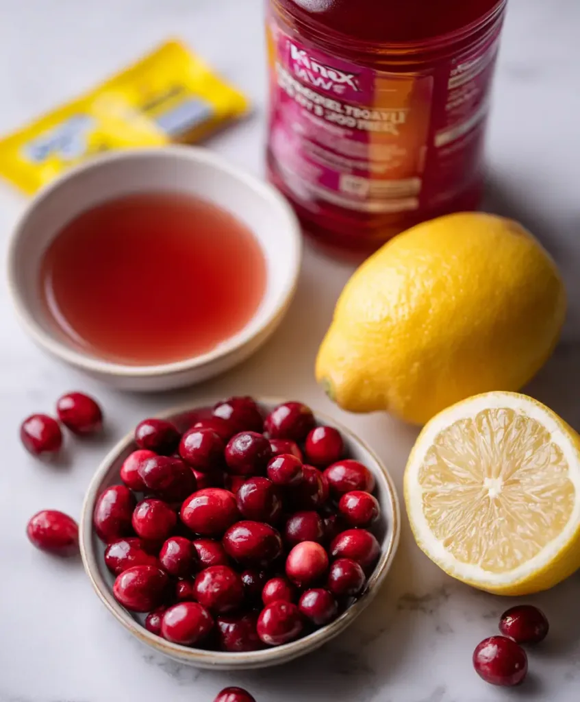 Ingredients for jillian michaels gelatin gummies laid out on a white surface: gelatin powder, cranberry juice, honey, lemon