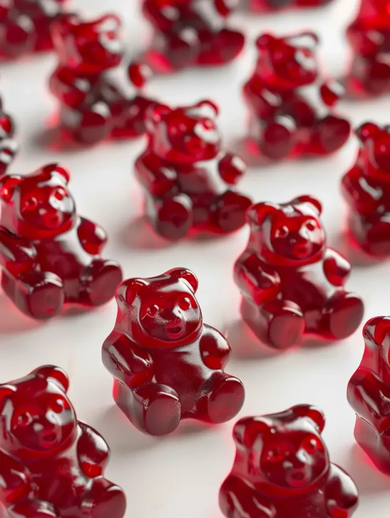  Fully set jillian michaels gelatin gummies removed from silicone molds, deep red color, arranged on a white surface