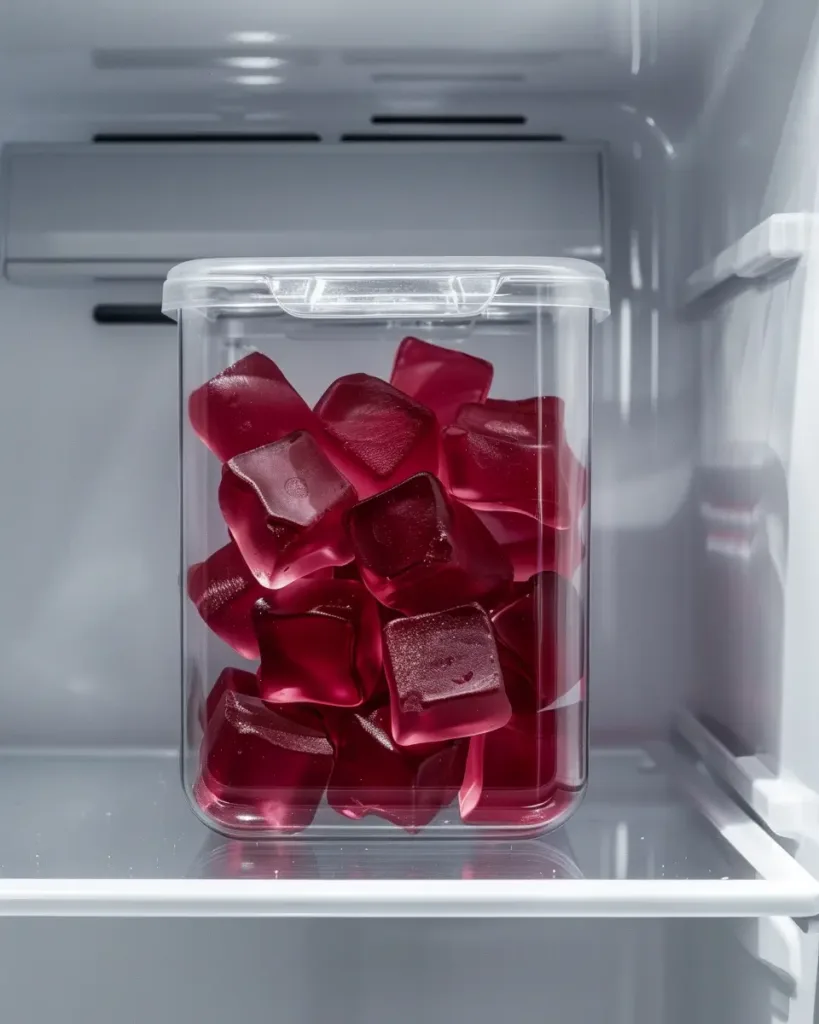 Glass airtight container filled with jillian michaels gelatin gummies, labeled, sitting on a refrigerator shelf