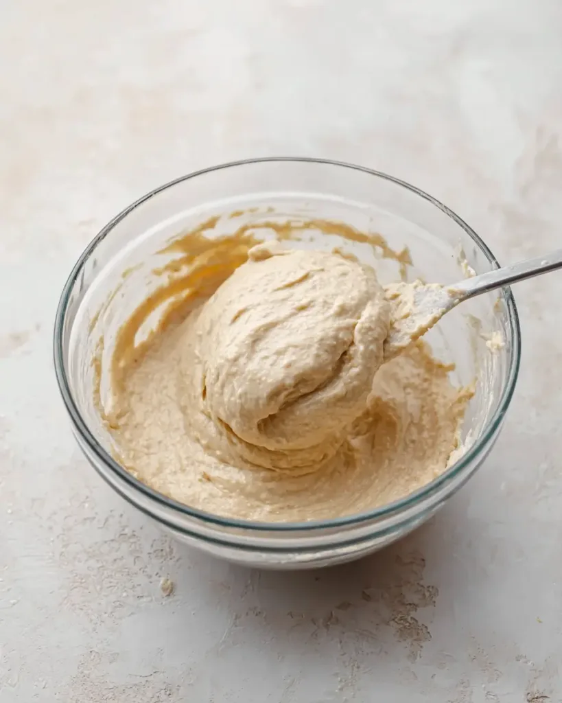 Simple and Easy Gluten Free Bread Recipe for Beginners 7 Thick gluten free bread recipe batter being mixed in a glass bowl with a spatula.Gluten Free Bread Recipe