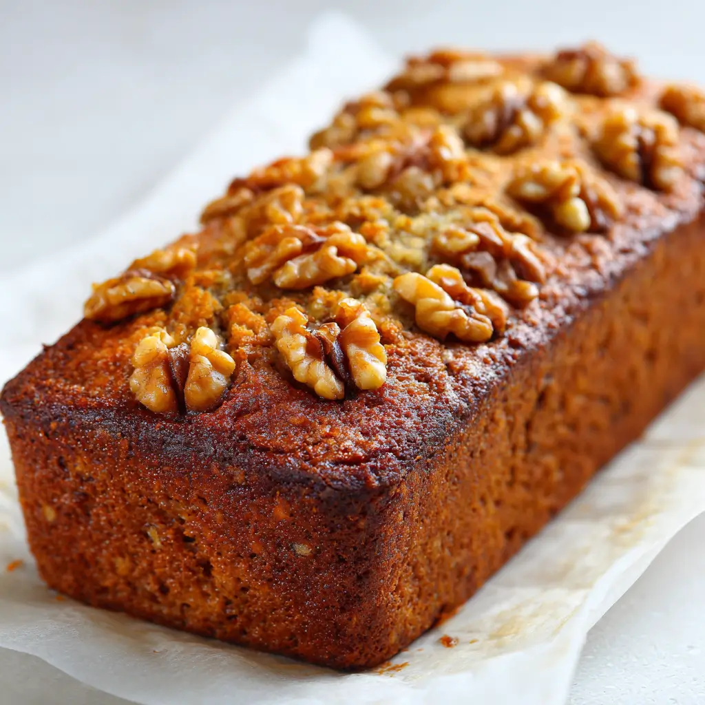 Golden brown date walnut loaf cake topped with whole walnuts on parchment paper