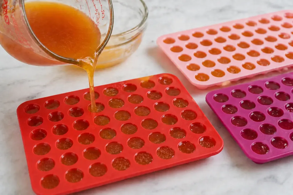 Apple cider vinegar gummy mixture being poured into red silicone molds. apple cider vinegar gummies recipe for weight loss