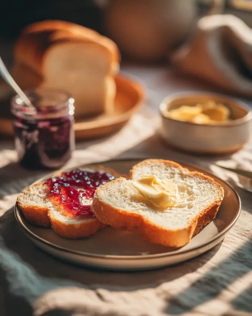 Simple and Easy Gluten Free Bread Recipe for Beginners 9 Slices of gluten free bread recipe on a plate with butter and jam, ready to eat. Gluten Free Bread Recipe