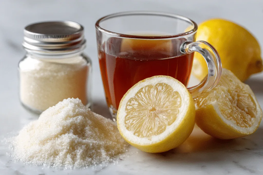 
Three ingredients for the bariatric gelatin recipe for weight loss: gelatin powder, herbal tea, and lemon