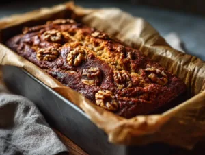 Freshly baked date walnut cake with golden brown top and whole walnuts just out of oven