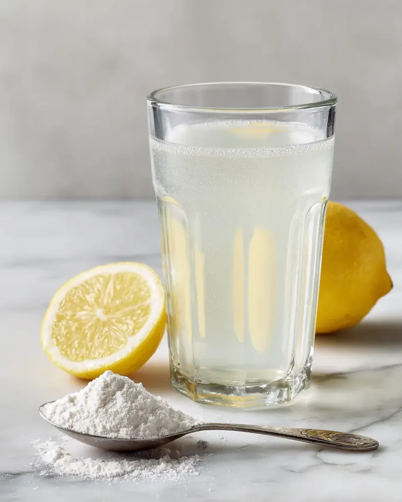baking soda recipe for weight loss with lemon in a clear glass on white marble