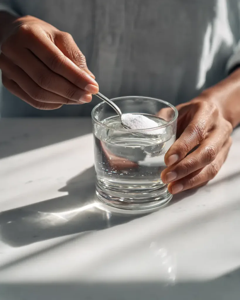 stirring baking soda into warm water for weight loss drink showing step by step preparation