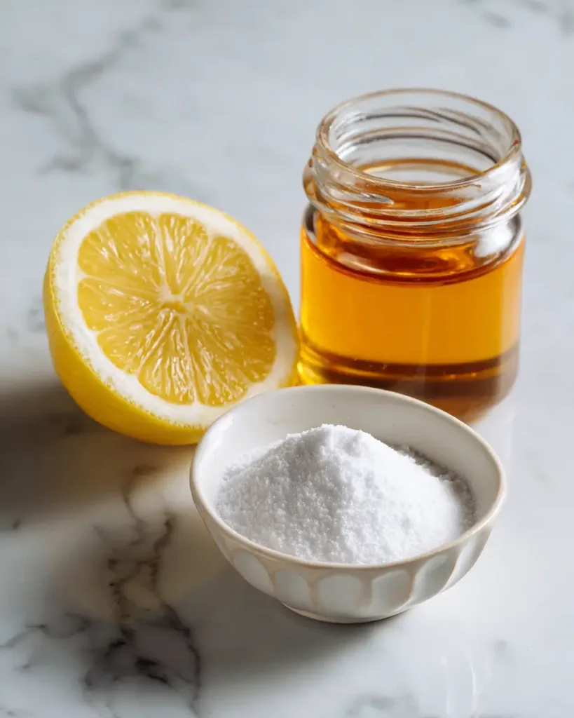  baking soda weight loss ingredients including lemon and honey on white marble surface